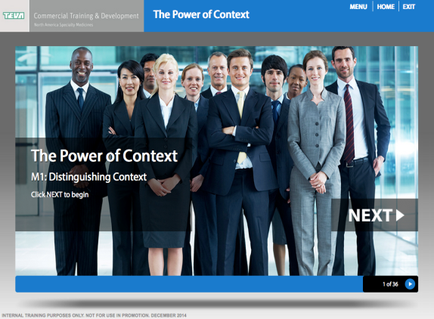 A screenshot of the homepage of a website called "The Power of Context". The website has a blue and white color scheme with the title "Commercial Training & Development" at the top. Below the title there is a navigation bar with options such as "Menu" "Home" "Exit" and "Next". In the center of the page there are a group of business people standing in a line with their arms crossed. They are all dressed in formal business attire and are smiling at the camera. The background is blurred but it appears to be an office or a conference room with large windows. On the left side of the image the website's logo is visible and on the right side the text "M1: Distinguishing Context" is displayed in bold white letters. The text "Click Next to begin" is also displayed in smaller white letters below the logo.