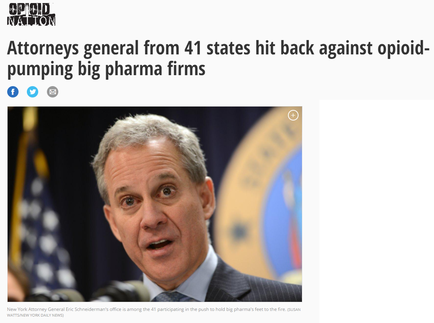 A screenshot of a news article from the New York Attorney General. The headline reads "Attorneys general from 41 states hit back against opioid-pumping big dharma firms". Below the headline there is a photo of a man speaking into a microphone. He is wearing a suit and tie and appears to be in a press conference or press conference setting. The background is blurred but it seems like the focus is on the man speaking.