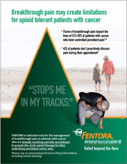 An advertisement for mentor a company that provides relief beyond the flare. The background of the image is a beach scene with two people walking on the sand. The sky is blue and the ocean is visible in the background. The text on the image reads "Breakthrough pain may create limitations for opioid tolerant patients with cancer. Stops me in my tracks." The image also includes a green triangle with the company's logo and contact information at the bottom. The triangle is divided into three sections. The top section has a quote from the company that reads "Flames of breakthrough pain impact the lives of 512-8% of patients affected by cancer who have controlled persistent pain." The bottom section has an image of a person kneeling on the ground with their head in their hands symbolizing the idea of stopping pain in the tracks. Overall the image conveys the message that the company is dedicated to providing relief to those affected by the disease.