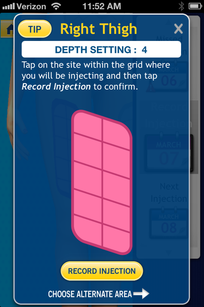 A screenshot of a mobile application called "Right Thigh Depth Setting: 4". The app has a blue background with a pink square in the center. The square is divided into four sections each with a different color - pink blue and yellow. Below the square there is a text that reads "Tap on the site within the grid where you will be injecting and then tap Record Injection to confirm." At the bottom of the screen there are two buttons - "Record Injection" and "Choose Alternate Area". The "Tip" button is highlighted indicating that the user can tap on the right thigh depth setting to confirm the depth settings.
