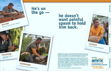 A collage of four photos of construction workers. The first photo on the top left shows a man working on a brick wall with the words "He's on the go" written above him. The second photo in the top right shows a group of people working together to build a house. The third photo shows a volunteer working in a garden. The fourth photo shows two men working in the garden with a shovel and a potted plant. The fifth photo shows an older man holding a basketball and smiling at the camera. The sixth photo shows the same man working in front of a house with a sign that reads "He doesn't want painful spasm to hold him back." The seventh photo shows another man working with a volunteer and a homeowner. The eighth photo shows that the man in the bottom left photo is a homeowner and the man on the bottom right is a team member. The text on the right side of the image reads "Amrix" and the Amrix logo.