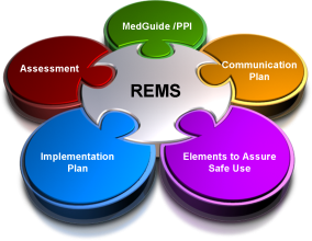 A data visualization in the form of a puzzle. The central piece which connects to every other piece is "REMS" (that is Risk Evaluation and Mitigation Strategies). The other pieces are  "MedGuide / PPI" "Communication Plan" "Elements to Assure Safe Use" "Implementation Plan" and "Assessment" (going clockwise from the top). Those pieces of contiguous to each other but do not connect with any other puzzle pieces. The background is black with puzzle pieces in silver green orange purple blue and red with text in white and black.
