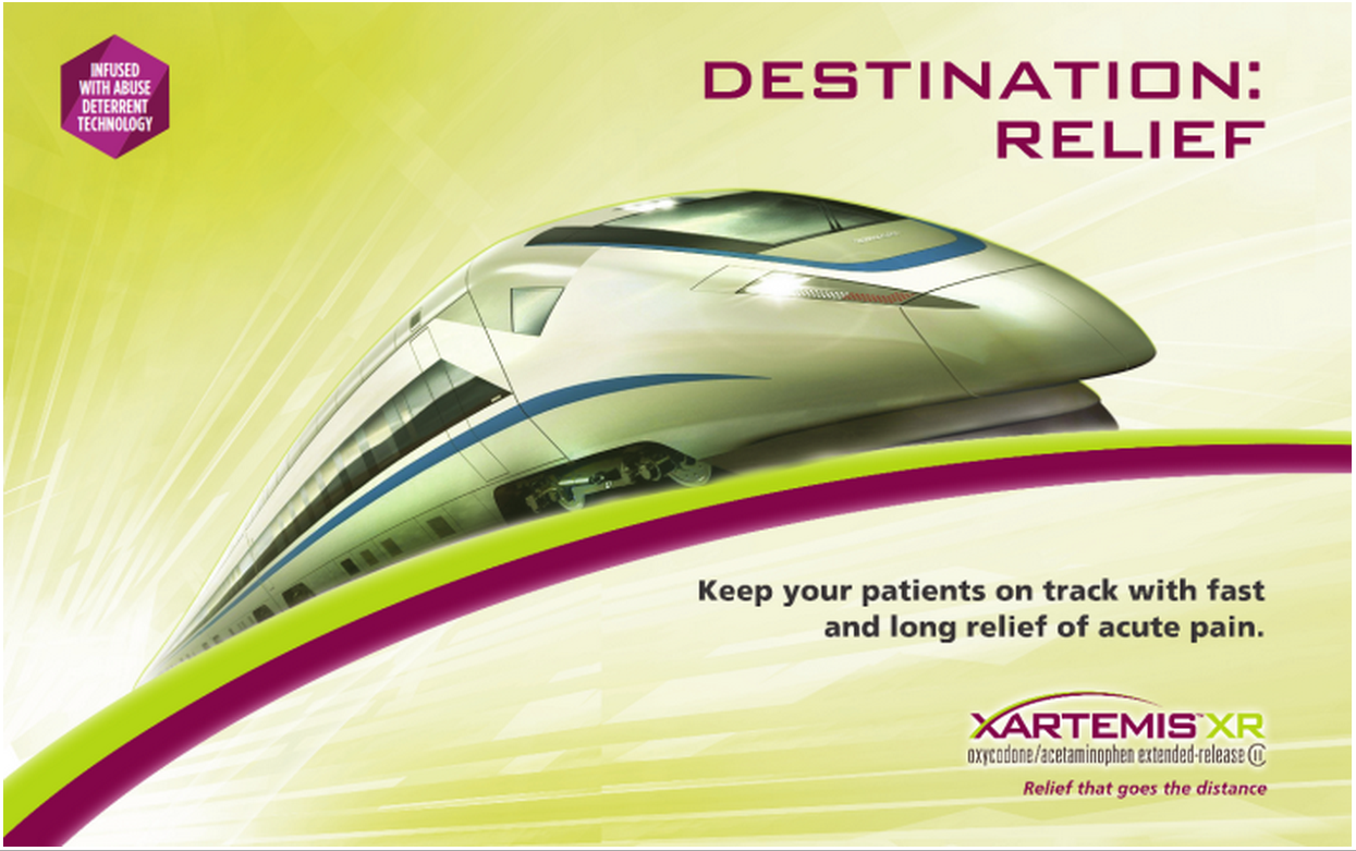 An advertisement for Xartemis XR. The background of the image is a gradient of yellow and green with a high-speed train in the center. The train is white with blue stripes and has a sleek design. The text on the image reads "Destination: Relief" in bold black letters. Below the train there is a smaller text that reads "Keep your patients on track with fast and long relief" in smaller black letters. The company's logo is also visible in the bottom right corner. The overall design of the advertisement is modern and eye-catching.