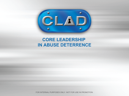 A logo for a company called CLAD. The logo is a blue oval-shaped badge with the word "CLAD" written in white capital letters in the center. Below the word there is a text that reads "Core Leadership in Abuse Deterrence" in smaller white letters. The background of the image is white and the text is in a modern sans-serif font. The overall design is simple and minimalist.