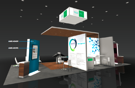A 3D rendering of a trade show booth. The booth is divided into two sections with the left side having a blue and white color scheme and the right side having white and blue colors. There is a large screen on the left wall displaying information about the booth's features. In the center of the booth there is a white panel with a blue circular design and text that reads "AMR-4049". Below the panel there are two white chairs and a small table. On the right wall there appears to be a red and white booth with a large window that lets in natural light. The background is black and there are several lights hanging from the ceiling creating a modern and professional atmosphere.
