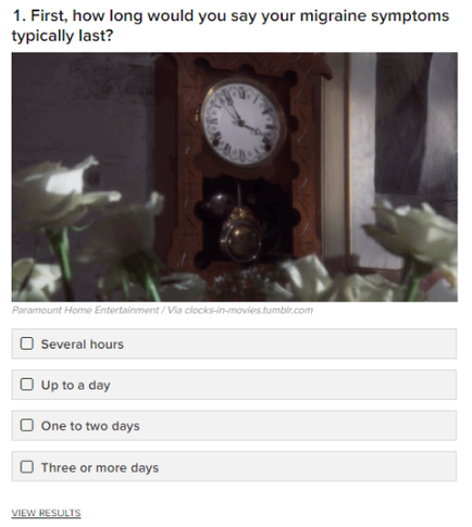 A screenshot of a Facebook post about migraine symptoms. The post is titled "1. First how long would you say your migraine symptoms typically last?" and has a question at the top that reads "Paramount Home Entertainment via clocks-in-movies.tumble.com". Below the question there is a form with fields for the user to fill out such as "Several hours" "Up to a day" and "One to two days". There are also two white roses on either side of the form. The background is a plain white wall.