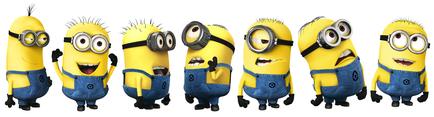 A group of six minions from the movie "Despicable Me" standing in a row. They are all wearing blue overalls and yellow t-shirts with the logo of the movie on them. The minions are all smiling and appear to be happy and excited. Each minion has a unique expression on their face with their eyes wide open and their mouths slightly open as if they are shouting or laughing. The background is white making the minions stand out.