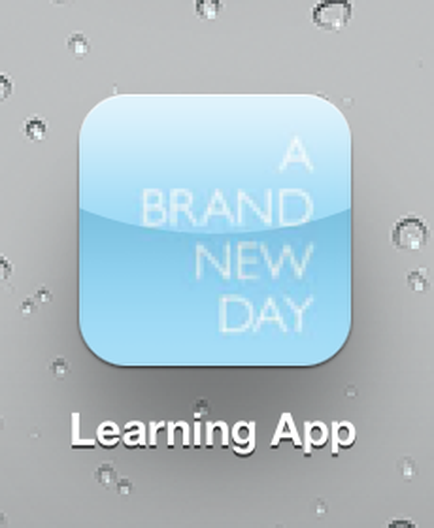 A square-shaped icon with a light blue background and white text. The text reads "A BRAND NEW DAY" in a bold sans-serif font. Below the text there is a smaller text that reads "Learning App". The background is a light grey color with small white dots scattered throughout. The overall design is simple and modern.