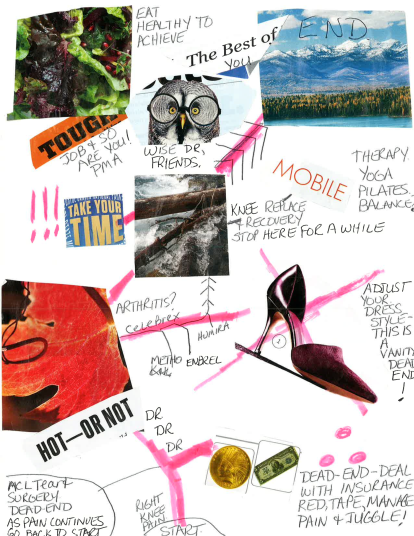 A handmade collage of various photographs illustrations and text. The background is white and the elements scattered around it.<br /><br />The top left corner of the image has a green leafy vegetable with the words "Eat healthy to achieve" written above it. Below that there is an illustration of an owl with the text "The Best of You" written next to it. The top right corner has a blue sky with white clouds and a mountain range in the background.<br /><br />In the center of the collage there are several smaller images and text scattered around. The text includes things like "Take your time" "Arthritis" "Mobile" "Therapy" "Yoga Pilates" "Pilates" and "Pain & Juggle".<br /><br />On the bottom left corner there has a red circle with the word "Hot-Or-Not" written in white. On the bottom right corner it reads  "Dead-End-Deal with Insomnia Manage Pain & Juggle". There is also a small illustration of a pair of a high-heeled shoe and a gold coin.