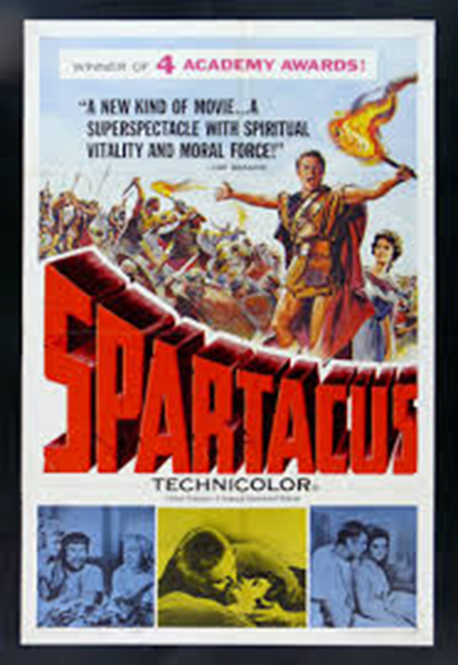 A movie poster for the film Spartacus. The poster is predominantly red and white with the title "Spartacus" in bold red letters at the top. Below the title there is a subtitle that reads "A New Kind of Movie: A Superspectacle with Spiritual Vitality and Moral Force". In the center of the poster there are images of the main characters from the film including a man in a red robe holding a sword and shield a woman in a blue dress and a group of people in the background. The man is standing in front of a large crowd of people all of whom appear to be in a battle-ready stance. The poster also includes the names of the cast and crew as well as the release date and other information about the film. At the bottom of the image the word "Technicolor" is written in smaller red letters.