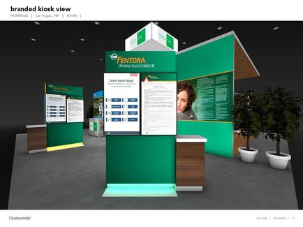 A trade show booth design for a company called mentor. The booth is green and white in color and has a modern and professional look. It has a large screen on the left side of the booth displaying information about the company's products and services. On the right side there is a large banner with a photo of a woman's face and the company name in bold white letters. In the background there are two large potted plants and a desk with a computer monitor. The overall design is simple and minimalist with a focus on the company and its products.
