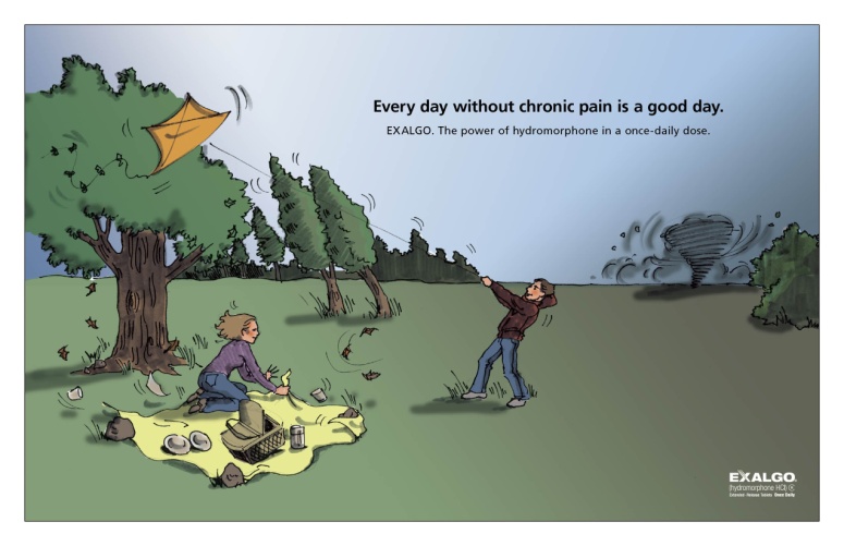 An advertisement for Exalgo. It is an illustration of two people presumably a mother and daughter in a park with many trees. The mother is sitting on a yellow blanket with a picnic basket and various plates and cups. The daughter is a the center of the image flying a kit. On the right side of the image a tornado can be seen in the distance. The trees are bending in the wind and the picnic seems at risk of blowing away. The text at the top of the image reads "Every day without chronic pain is a good day. Exalgo. The power of hydromorphone in a once-daily dose." The Exalgo logo is at the bottom right corner. 