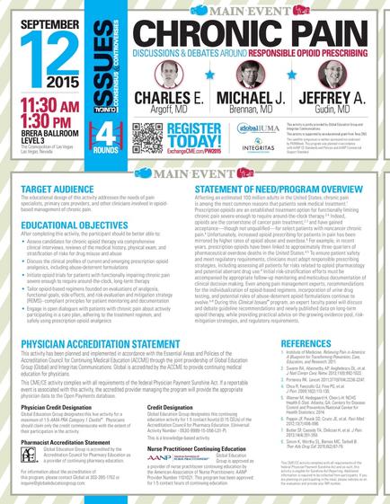 A flyer for a main event called "Chronic Pain". The flyer has a blue background with white text. The title of the event is written in bold letters at the top followed by the date and time of September 12 2015. Below the title there is a list of topics discussed at the event including "Discussions & Debates Around Responsible Opioid Prescribing" "Charles E. Michael J. Jeffrey A. MD" and "Target Audience" "Educational Objectives" "Physician Accreditation Statement" "References" and a QR code. The flyer also has a small illustration of a person's face in the top right corner. The person is wearing a white lab coat and has a serious expression on their face. The text on the flyer includes details about the event such as the date time and location.