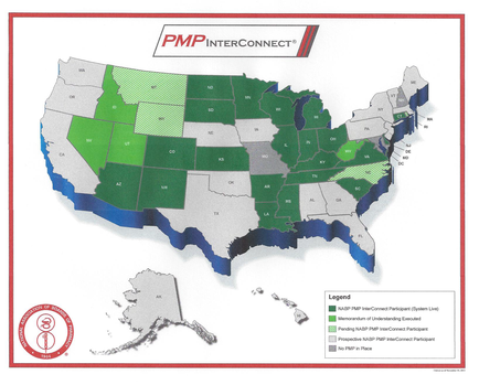 This is a color-coded map of the United States showing participation in NABP's PMP InterConnect program at the state level. PMP InterConnect a program of the National Association of Boards of Pharmacy uses a secure data-sharing hub to facilitate the transfer of prescription drug monitoring program data across state lines. 21 states were full participants in the PMP InterConnect program at the time with 8 more planning to join soon; every other state was still viewed as a potential participant with the exception of Missouri and New Hampshire (neither of which had a statewide prescription monitoring program in place).