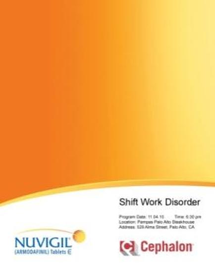 A cover page of a brochure or flyer for a shift work disorder program. The background of the page is a gradient of orange and yellow with the orange on the left side and the yellow on the right side. The title of the program is written in bold black letters at the top. Below the title there is a subtitle that reads "Shift Work Disorder" in smaller black letters. The program details the date time and location of the event as well as the names of the participants. At the bottom of the cover page there are two logos one for vigil and the other for cephalic.
