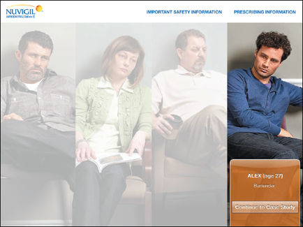 A collage of three photographs of three people sitting on a couch. On the left side of the image there is a man with a beard and a serious expression on his face. He is wearing a gray jacket and appears to be deep in thought. Next to him there are two women and a man one of whom is holding a book and the other is looking at the camera. The woman on the left is sitting on the couch with her legs crossed and is holding the book in her hand. The man on the right is sitting next to her wearing a blue shirt and has curly hair. The background is white and there is text on the top right corner that reads "Important Safety Information Prescribing Information" and "Alex (age 27) Bartender Continue to Case Study".