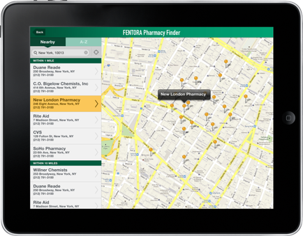 This is a screen cap from the Fentora Pharmacy Finder showing the results from a Nearby search for New York 10013. The New London Pharmacy located at 246 Eighth Avenue is highlighted. 8 other pharmacies are visible in the results set table and about 20 pharmacies are pinned on the results set map.