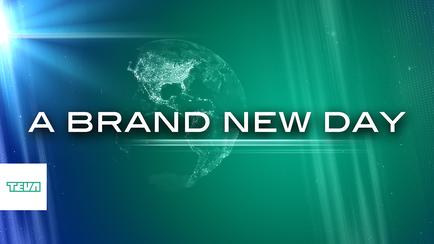 A graphic design with a green background and a blue light shining on the left side. In the center there is a globe in the shape of the Earth with the continents and oceans clearly visible. The globe is made up of small dots and lines creating a network-like pattern around it. The text "A BRAND NEW DAY" is written in white capital letters above the globe. On the right side of the image the word "tea" is in smaller white letters. The overall design is modern and minimalist.