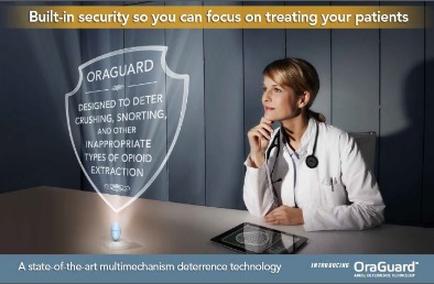 A young woman wearing a white lab coat and a stethoscope around her neck sitting at a desk with a tablet in front of her. She is looking up at the tablet with a thoughtful expression on her face. On the left side of the image there is a shield with the text "outguard" and "Designed to deter crushing snorting and other inappropriate types of opioid extraction" written on it. The background is a dark blue color. The text on the image reads "Built-in security so you can focus on treating your patients". This suggests that the image is promoting the use of outguard a state-of-the-art multimechanism deterrence technology.