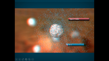 A screenshot of a video game interface. The background is a gradient of orange and blue with small white dots scattered across it. In the center of the image there is a large spherical object that appears to be a galaxy or a nebula. The object is white and has a blue and red color scheme. On the top right corner there are two red buttons one labeled "Type 2" and the other labeled "Cells". On the bottom right corner of the screen there has a green bar with the text "1-3-5". The overall color scheme of the interface is blue orange and red.