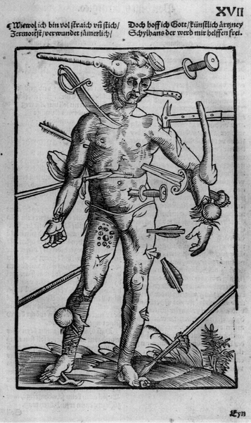 A black and white illustration of a man standing with his arms stretched out to the sides. He is wearing a pair of shorts and boots and his body is covered in tattoos. The man has a muscular physique and appears to be in a battle-ready stance. He has a large head with horns on his head and is holding a sword in his right hand. His left hand is raised in the air as if he is ready to strike. The background is a landscape with trees and bushes. The illustration is in a medieval style with intricate details and bold lines. The text above the illustration reads "XVII" which translates to "The Devil's Advocate" in English.