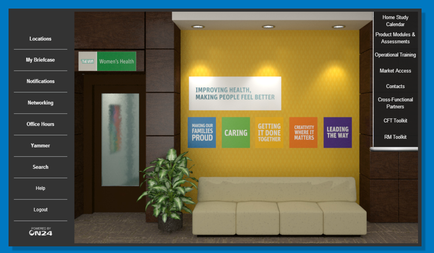 A screenshot of the homepage of a website called ON24. The website has a blue and white color scheme with a modern design. On the left side of the image there is a navigation bar with various options such as "My Briefcase" "Notifications" "Networking" "Office Hours" "Yammer" "Search" "Help" and "lookout". On the right side there are three sections of the website's home page. The main content of the page is a yellow wall with a large banner that reads "Improving health making people feel better". Below the banner it says "Caring caring getting it done together leading the way". There is also a small plant in front of the sofa. On the top right corner of the screen there has a menu bar with options for "Home Study" "Product Module" "Operational Training" "Market Access" "Contact" "Cross-Functional Partners" "CFT Toolkit" "RM Toolkit". The page appears to be a website for a company or organization that provides information about their services.