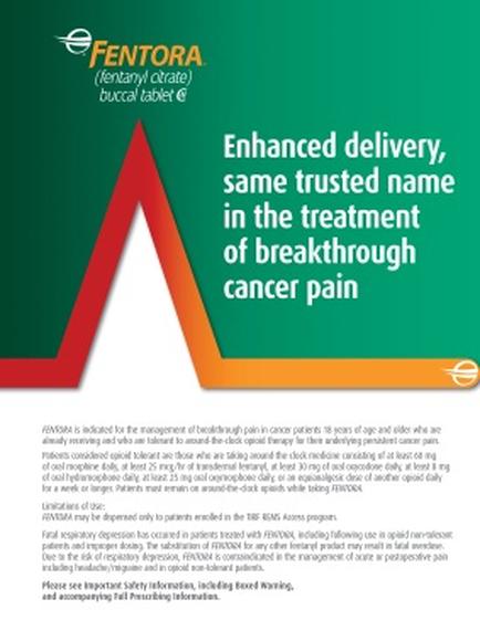 A brochure or flyer for a company called mentor. The background of the brochure is green and there is a red triangle on the left side. The triangle is divided into two sections. On the right side there is text that reads "Enhanced delivery same trusted name in the treatment of breakthrough cancer pain". The text is in white and is in a bold font. Below the triangle there are two bullet points that explain the company's services. The first bullet point explains that the company is dedicated to the management of breakthrough pain in cancer patients and that it is 18 years old and older. The second bullet point provides information about the company and its services.