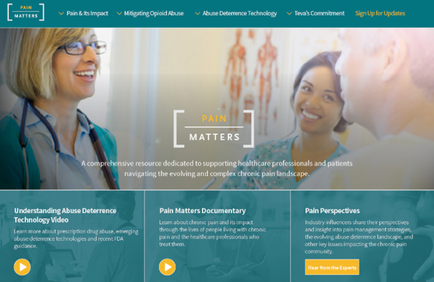 A screenshot of the homepage of a website called "Pain Matters". The website has a blue and white color scheme with a modern and professional design. The main content area of the page is divided into three sections. On the left side there is a photo of a female doctor with blonde hair and glasses wearing a stethoscope around her neck. She is smiling and looking at a patient who is sitting in front of her. On the right side she is looking at the patient with a smile on her face. In the center there are three bullet points that explain the website's content. The first bullet point reads "Understanding Abuse Deterrence Technology Video" and the second bullet point explains that the website provides a comprehensive resource dedicated to supporting healthcare professionals and patients navigating the evolving and complex chronic pain landscape. The third bullet point discusses pain perspectives and provides information about the website and its services. The website also has a link to a website for more information about abuse deterrence technology.