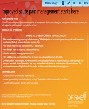 A screenshot of a website for Ofirmev acetaminophen injection. The website has a red and orange color scheme with white text. The title of the website is "Improved acute pain management starts here". Below the title there is information about indication and usage as well as important risk information and contraindications. The Ofirmev logo is at the bottom-right corner of the page.