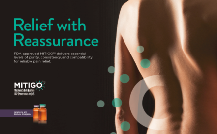 An advertisement for Mitigo with the taglines "Relief with reassurance" and "FDA-approved Mitigo delivers essential levels of purity consistency and compatibility for reliable pain relief". On the right side of the image there is a close-up of the back of a person's body with their back facing the viewer. On the left side there are two small orange bottles of Mitigo (presumably) as well as the Mitigo logo. The background is black with text is in white and green.