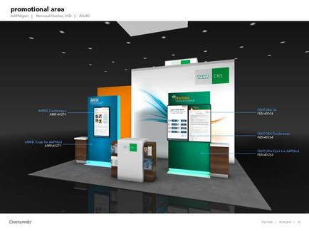A trade show booth with a modern design. The booth has a white background with a green and orange color scheme. On the left side of the booth there is a large screen displaying information about the company's products and services. The screen is divided into three sections each with a different color scheme - blue orange and green. On the right side there are two smaller screens displaying the same company's logo and contact information. The first screen shows a website with a blue and white color scheme while the second screen shows an image of a computer screen with the company name and contact details. The booth is set up in a conference room with a black floor and white walls. There is a small table in front of the screen with various items on it including a laptop a phone and a tablet. The overall design is sleek and professional with a focus on the company and its products.