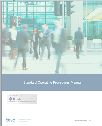 A cover page of a standard operating procedures manual. It shows a group of people walking on a busy street with a modern building in the background. The people are dressed in business attire and appear to be in motion. The image is slightly blurred giving it a sense of movement and energy. The title of the manual is written in bold white letters at the top of the page with the word "Standard Operating Procedures Manual" written in smaller white letters below it. The publisher's logo "tea" is also visible in the bottom right corner.