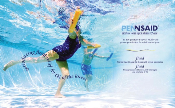 An advertisement for Pennsaid. It shows a person swimming underwater in a pool. The person is wearing a blue swimsuit and is using a yellow pool noodle. The water is clear and blue and the person appears to be in motion. On the right side of the image there is the Pennsaid logo as well as some product information.