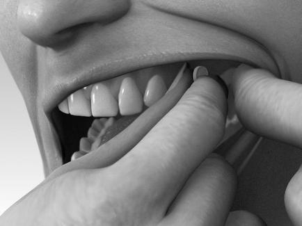A close-up of a person's mouth showing their teeth. The person's lips are slightly parted and their teeth are visible. The image is in black and white and the person's hand is visible on the right side of the image holding a small white object. The object appears to be a toothbrush or toothpaste. The background is blurred so the focus is on the mouth and the toothbrush.