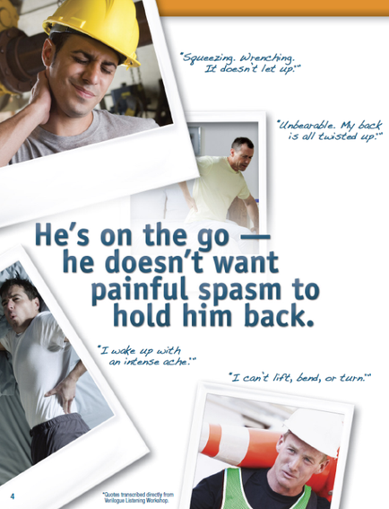 A collage of four photos of a construction worker wearing a yellow hard hat. The first photo on the top left shows the worker with his head in his hands and a smile on his face. The second photo in the top right shows him working on a construction site with his hands on his neck. The third photo shows him holding his back with both hands and looking at the camera. The fourth photo shows a man wearing a white t-shirt and a hard hat with a safety vest. The text on the image reads "He's on the go he doesn't want painful spasm to hold him back." The text below the photos reads "Unbearable. My back is all twisted up."