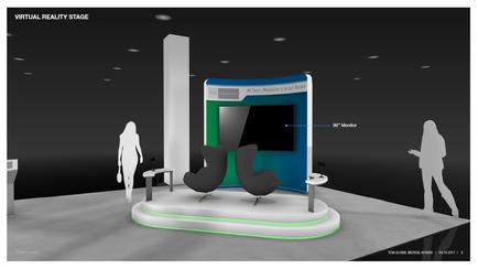 A 3D rendering of a virtual reality stage. The stage is set up in a room with a black background and white walls. In the center of the stage there is a large blue screen with a white banner that reads "Virtual Reality Stage". On either side of the screen there are two black armchairs and a small table. On the left and right sides of the image two silhouettes of people can be seen walking towards the screen. The floor is made of concrete and there are a few lights scattered around the stage.