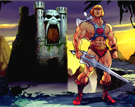 A digital illustration of a muscular man standing in front of a castle. The man is wearing a red and blue outfit with a red cross on his chest and red boots. He has blonde hair and is holding a large sword in his right hand. He is standing on a rocky cliff with a castle in the background. The castle has a skull-like structure on top and is surrounded by trees and rocks. The sky is orange and yellow indicating that it is either sunrise or sunset. The overall mood of the image is dark and ominous.