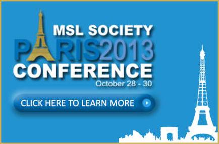 A banner for the MSL Society Paris 2013 Conference. The background is blue and the text is in white. On the left side of the banner there is an illustration of the Eiffel Tower in Paris France. The text reads "MSL SOCIETY PARIS 2013 CONFERENCE" in large capital letters. Below the text it says "October 28 - 30" in smaller cursive letters. At the bottom right corner there are two smaller illustrations of buildings one of which is the eiffel Tower. The banner also has a button that says "CLICK HERE TO LEARN MORE".