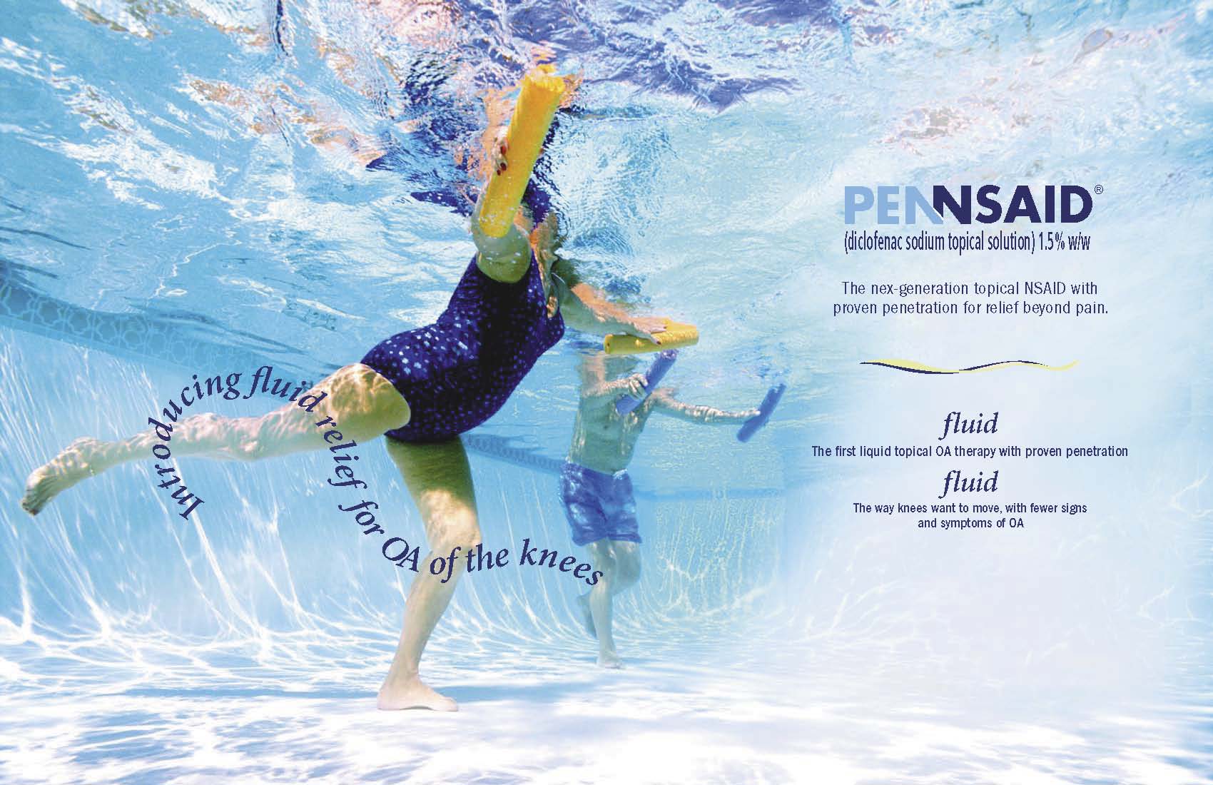 An advertisement for Pennsaid. It shows a person swimming underwater in a pool. The person is wearing a blue swimsuit and is using a yellow pool noodle. The water is clear and blue and the person appears to be in motion. On the right side of the image there is the Pennsaid logo as well as some product information.