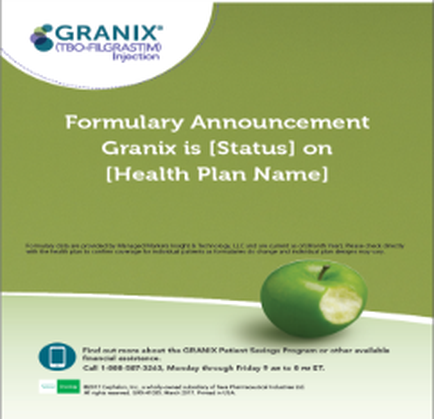 A formal announcement for Granix (Status) on Health Plan Name. The background is a light green color and the text is in black. On the right side of the image there is a green apple with a bite taken out of it. The text on the image reads "formula Announcement Granix is (Status)" and below it there are two buttons - "Find out more about the GRANIX Patient Satisfaction Program or other available" and "Call 1-888-827-2343 Monday through Friday 9 am to 6 pm ET."
