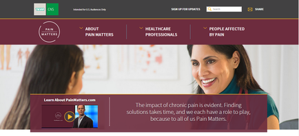 A screenshot of the homepage of a website called "Pain Matters". The website has a maroon and white color scheme with the logo of the company on the top left corner. Below the logo there is a banner that reads "About Pain Matters" in bold white letters. On the right side of the page there are two images. The first image is of a woman with long dark hair smiling and looking at another woman. The second image is an image of a man in a suit and tie. The text on the page reads "The impact of chronic pain is evident. Finding solutions takes time and we each have a role to play because of all of us Pain Matters." At the bottom of the image there has a banner with the company's logo and contact information. The overall design of the website is modern and professional.