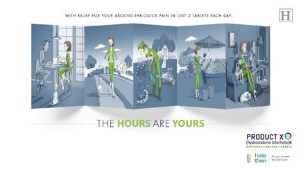 An advertisement for a product called "Product X". It is divided into three panels each showing a different scene. The first panel shows a man and a woman sitting at a table in a living room with the man holding a tablet and the woman holding a coffee cup. They are both smiling and appear to be engaged in a conversation. The second panel shows the man and woman sitting on a couch with a dog by their side. The third panel shows them walking on a street with trees and buildings in the background. At the bottom of the image there is text that reads "With relief for your around-the-clock pain in just 2 tablets each day. The hours are yours." This suggests that the product is designed to provide relief from pain and discomfort.