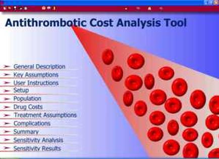 A slide from a presentation about the Antithrombotic Cost Analysis Tool. The slide has a blue background with a red triangle on the right side. On the left side of the slide there is a title that reads "General Description: Key Assumptions User Instructions Setup Population Drug Costs Treatment Assumption Complications Summary Sensitivity Analysis and Sensitivity Results". Below the title there are several bullet points that provide information about the tool. The bullet points are arranged in a grid-like pattern with each bullet point representing a different step in the analysis process.