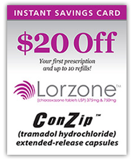 An instant savings card for hormone ConZip (tramadol hydrochloride) extended-release capsules. The card has a white background with a pink border. The top of the card has the brand name "hormone" written in bold black letters. Below that there is a text that reads "$20 off your first prescription and up to 10 refills!" The card also has a logo of hormone tablets which is a pink wave-like design. The text on the card states that the product is available for purchase at a discounted price of $20.