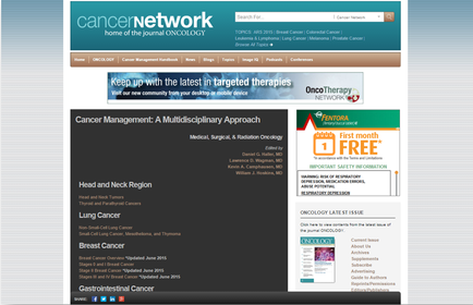 A screenshot of the homepage of the Cancer Network website. The website has a blue and white color scheme with the title "Cancer Network Home of the Journal Oncology" at the top. Below the title there is a banner that reads "Keep up with the latest in targeted therapies". On the left side of the page there are three sections. The first section is titled "Head and Neck Region" and has a list of topics related to cancer management. The second section has a title "Lung Cancer" and a brief description of the topic. The third section has an article titled "Oncology Latest Issue" and an article about the first month of free. At the bottom of the image there has a navigation bar with links to different sections of the website.