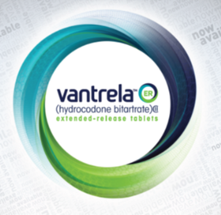 A circular logo for cantrell (Hydrocodone bitartrate) extended-release tablets. The logo is in the center of the image and is made up of three colors - blue green and light blue. The blue color is on the top left corner the green color is at the bottom and the light blue color on the bottom right corner. The text "Vantrelaa" is written in white in the middle of the circle. The background is white with a pattern of small squares. The overall design is modern and minimalist.