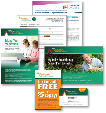 A collection of medical forms and brochures from the mentor brand. There are three forms in total each with a different design and color scheme. The first form on the top left is titled "Taking Your Medication" and has a green background with white text. It appears to be a patient-prescriber agreement form. The form has fields for the patient's name address and contact information. The second form is "My Daily Breakthrough Cancer Pain Journal" and it has an image of a man and a woman sitting on a bench with a laptop in front of them. The third form is a "First month free $5 copies" form with a white background and green text. At the bottom of the image there is an orange banner with the company's logo and contact details.