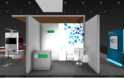 A modern exhibition stand with a white and blue color scheme. The stand has a wooden ceiling with recessed lighting and a large screen on the right side. On the left side of the stand there is a white booth with a green sign that reads "Welcome to the exhibition". In front of the booth there are two white tables and two white chairs. The booth also has a large blue and white abstract design on the wall behind it. The floor is covered with a gray carpet. The overall design of the exhibition stand is minimalist and modern.