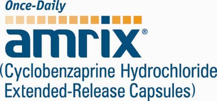 A logo for Amrix (Cyclobenzaprine Hydrochloride Extended-Release Capsules). The logo is a blue and orange color scheme with the word "Amrix" written in bold capital letters in the center. The word "Once-Daily" is written in a smaller font size below the word. The logo also has a bar graph in the top left corner which shows the number of capsules in each capsule. The bars are arranged in a horizontal line with the largest bar at the top and the smallest at the bottom. The background of the image is white.