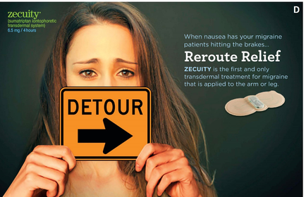A young woman holding up a yellow sign with the word "DETOUR" written on it. The sign has an arrow pointing to the right and the text "When nausea has your migraine patients hitting the brakes. reroute Relief. security is the first and only transdermal treatment for migraine that is applied to the arm or leg." On the right side of the image there is an illustration of a bandage. The background is black and the woman is looking directly at the camera with a concerned expression.